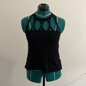 Black racer back, knit tank top with woven neck detail